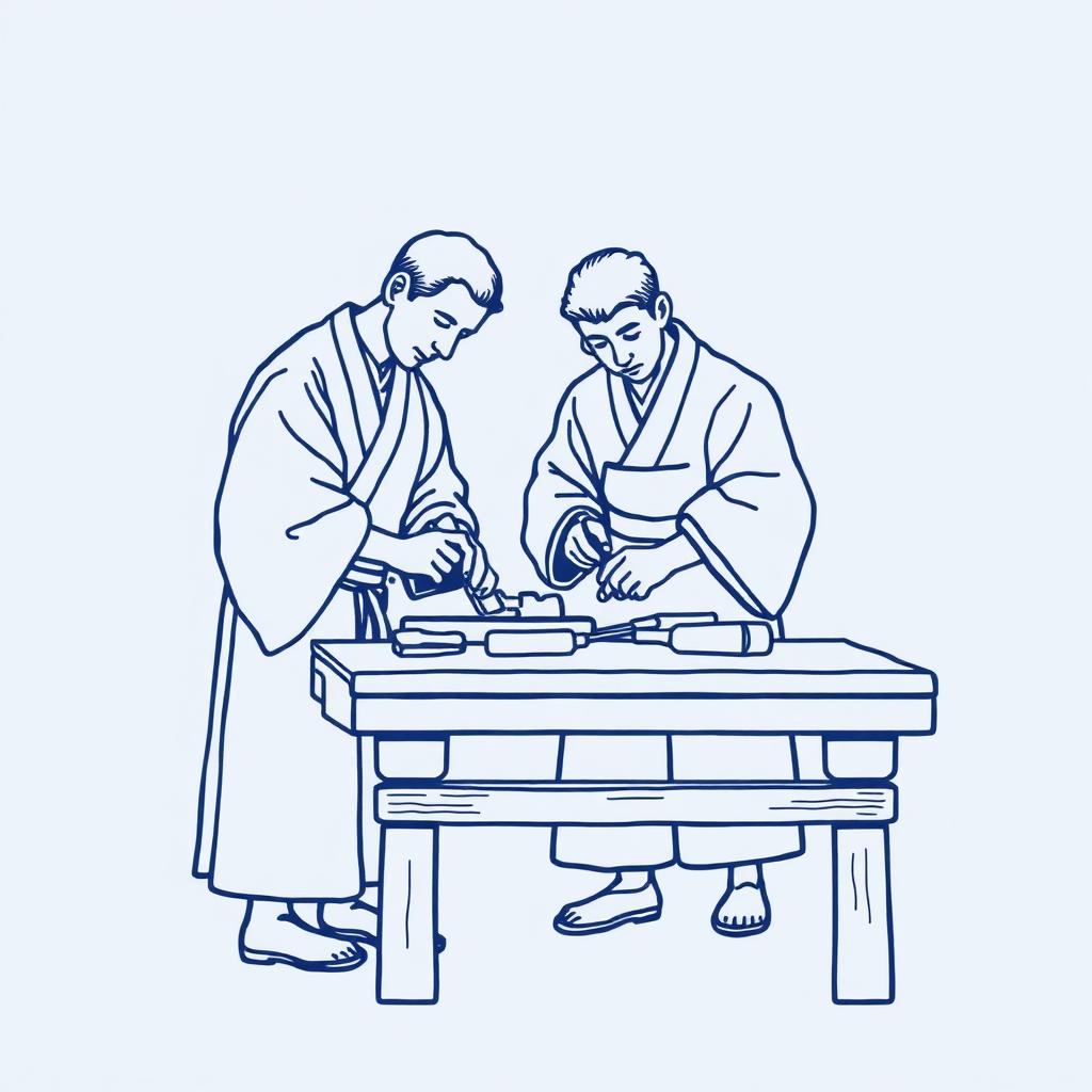 熟練者と後継者が向き合う線画イラスト